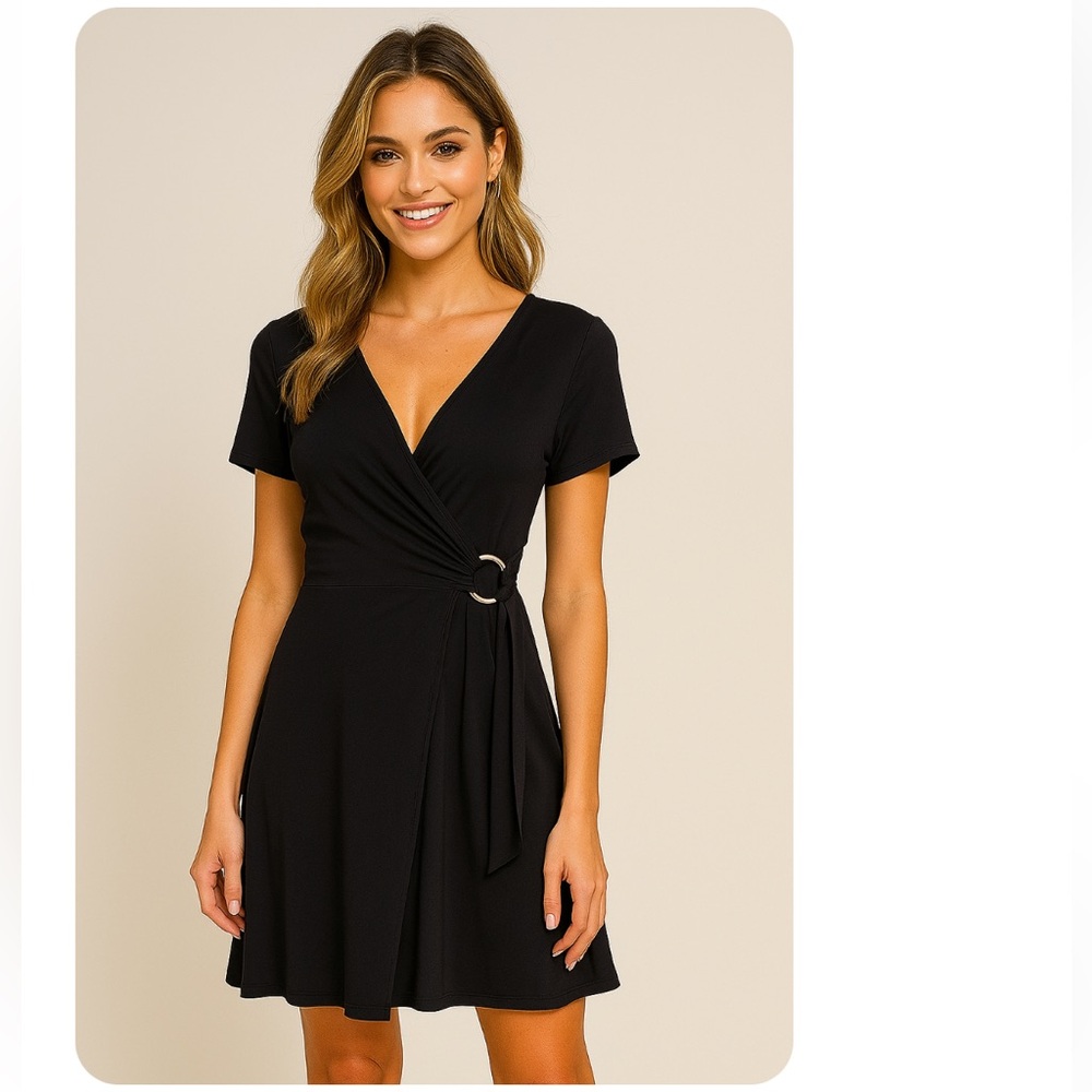 NWT Annalee + Hope Black Jersey Dress Faux Wrap Size Medium Black